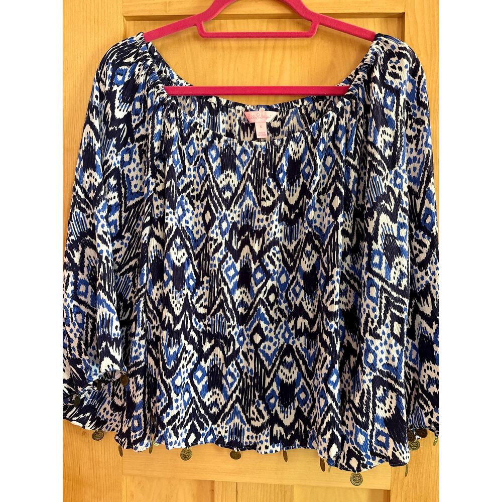 LILLY PULITZER Top Boho Navy Ikat Print Size Small